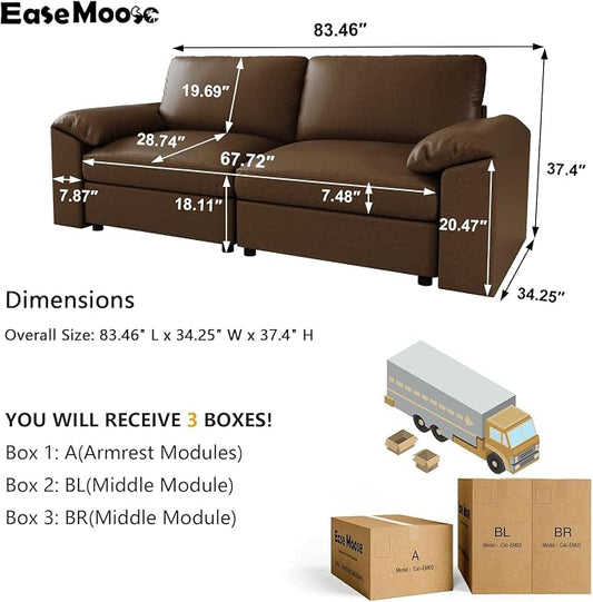 EASE MOOSE Loveseat Sofa for Living Room,Oversized Deep Seat Modular Sectional,Classic Comfy 2 Seater Sofas,Scratch Resistant Faux Leather Couch for Small Spaces, Deep Brown