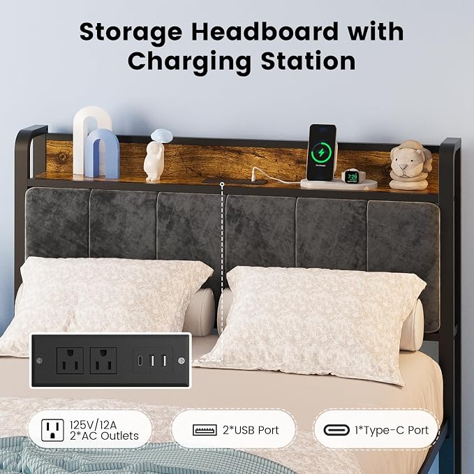 ALBERTO Bed Frame Twin Size with USB Charging Station and Smart LED Lights, Upholstered Storage Headboard, Heavy Duty Metal Platform Bed Noise Free, No Box Spring Needed, Easy Assembly