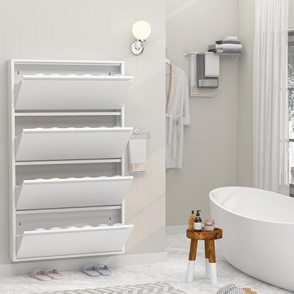 GREATMEET Shoe Rack for Closet, 6 Inch Slim Wall Mounted Shoe Cabinet, Narrow White Hidden Metal Shoe Storage with 4 Flip Drawers, Tall 57 Inch Steel Organizer Rack for Entryway Hallway Small Spaces