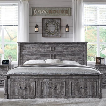 Aitjunz Farmhouse King Size Bed Frame with 51" Tall Headboard, Wood Platform Bed Frame with 20" Tall Roman Column Decoration Footboard & 3 Large Storage Drawers, No Box Spring Needed (Light Grey)