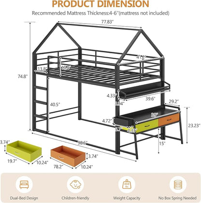 DICTAC Twin Over Twin Low Bunk Bed with Desk and Drawers, Black | Metal House Shaped Low Bunk Bed, 2 Storage Drawers, Bookshelf and Side Pocket, Floor Bunk Bed with 13.4''H Safety Guardrail