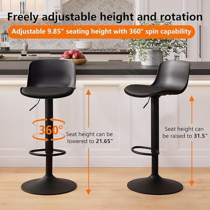 Kidol & Shellder Bar Stools Set of 4 Adjustable Swivel Counter Height Stools, Modern PU Leather Upholstered with Back Solid Color Barstools for Kitchen Island Black