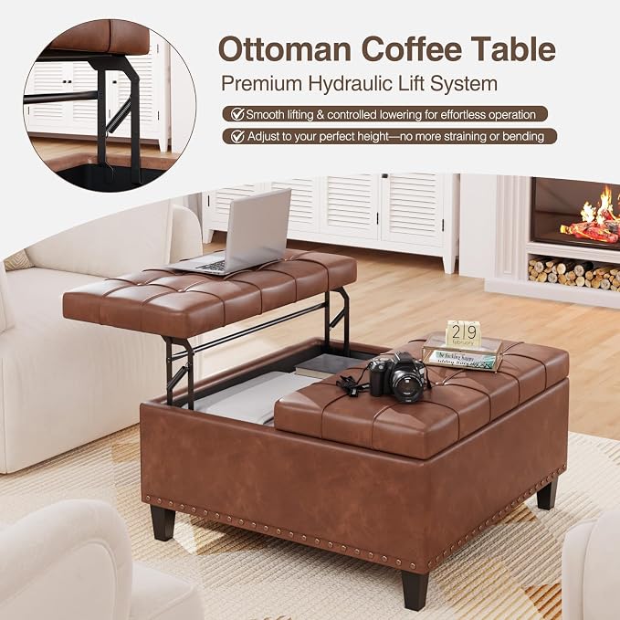 FiveWillowise Square Leather Ottoman with Storage, Faux Leather Coffee Table with Lift Top,Large Upholstered Footrest Stool Toy Box Storage Bench for Bedroom Living Room, Brown