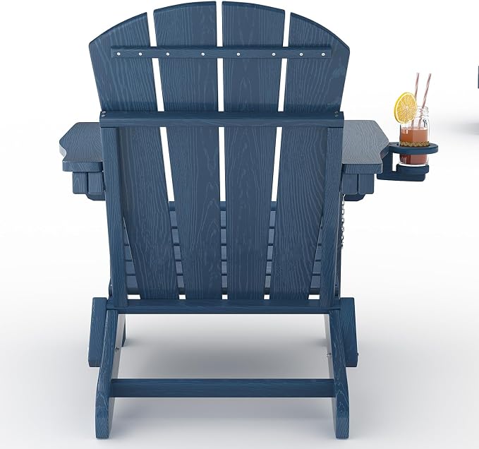 Garvee Folding Adirondack Chair with Ottoman, HDPE Outdoor Patio Chair with Cup Holder, All Weather Resistent Wooden Textured for patios, Decks, Gardens, fire Pit, Navy Blue