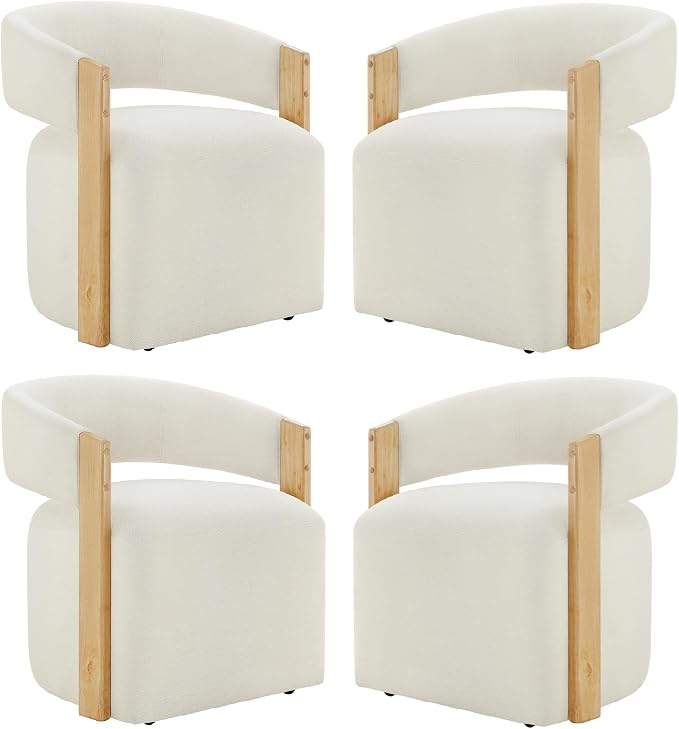 KISLOT Upholstered Dining Chairs Set of 4, Modern Rolling Dining Chairs with Hidden Casters, Wooden Arm Kitchen Chairs with Linen Look Fabric, Padded Barrel Chairs for Dining Room, Kitchen, Linen