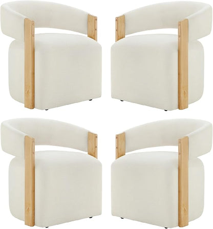 KISLOT Upholstered Dining Chairs Set of 4, Modern Rolling Dining Chairs with Hidden Casters, Wooden Arm Kitchen Chairs with Linen Look Fabric, Padded Barrel Chairs for Dining Room, Kitchen, Linen