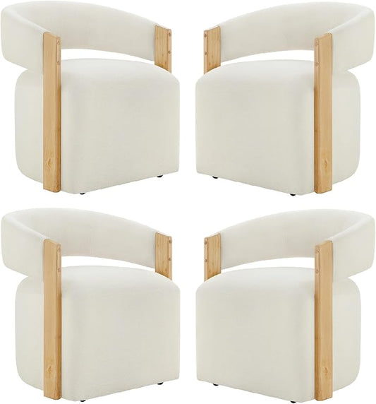 KISLOT Upholstered Dining Chairs Set of 4, Modern Rolling Dining Chairs with Hidden Casters, Wooden Arm Kitchen Chairs with Linen Look Fabric, Padded Barrel Chairs for Dining Room, Kitchen, Linen