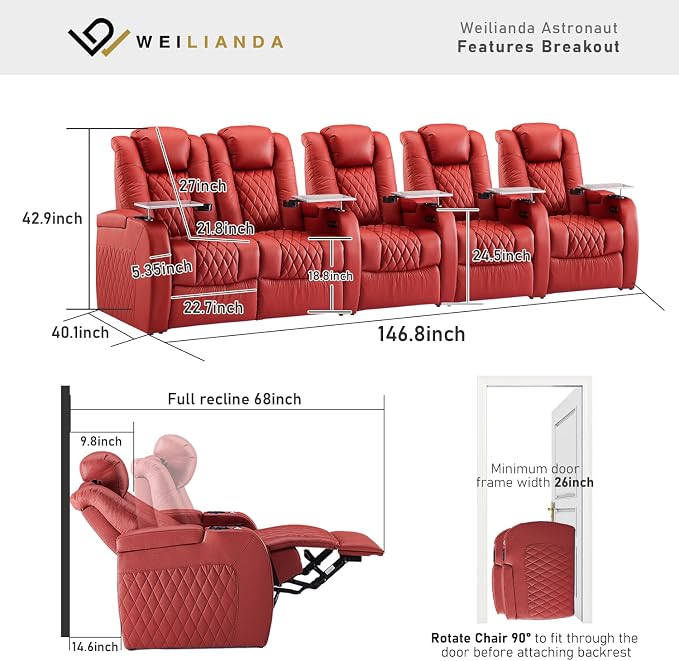 Weilianda Home Theater Seating Top Grain Leather Zero Gravity Recliner Chair Power Headrest Recline Movie Seat Gaming 7 Colors Mood Light Sofa with Tray Table USB Charge Row of 5 Loveseat Left Red