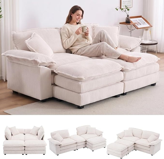 84.6” Corduroy Loveseat with Ottoman, Oversized Double Chaise Lounge Chair Indoor Deep Seat Two Seater Couch Cloud Couch Modular Sectional Sofa for Living Room(Corduroy White)