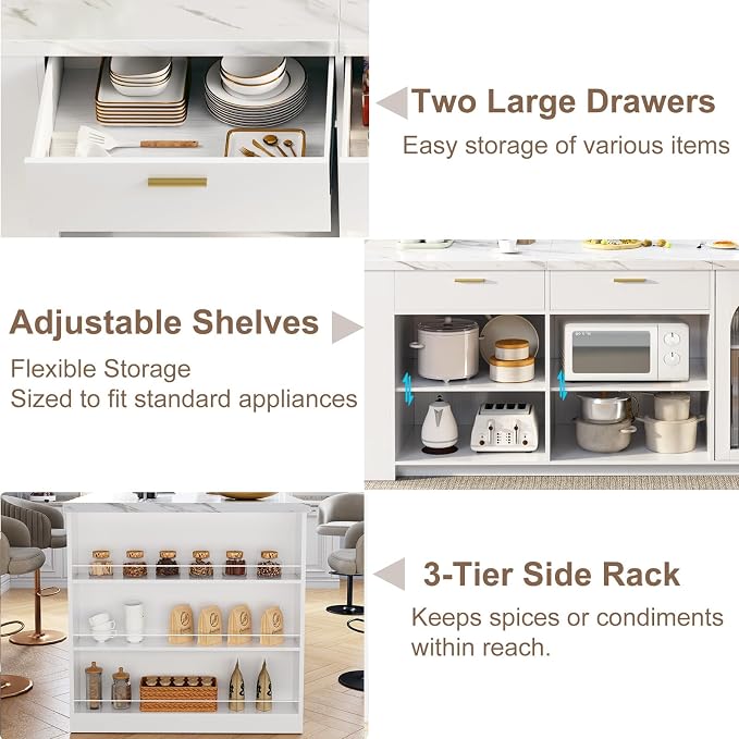 IBF 71" Large Kitchen Island with Storage, White Faux Marble Island table with Seating for 4-6, Stationary Island Cabinet with Drawers & Fridge Space, Modern Wood Counter Height Island Bar, Only Table