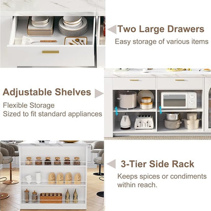 IBF 71" Large Kitchen Island with Storage, White Faux Marble Island table with Seating for 4-6, Stationary Island Cabinet with Drawers & Fridge Space, Modern Wood Counter Height Island Bar, Only Table