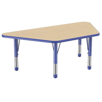 FDP Trapezoid Activity School and Classroom Kids Table (30 x 60 inch), Chunky Toddler Legs for Collaborative Seating Environments, Adjustable Height 15-24 inches - Maple Top and Blue Edge