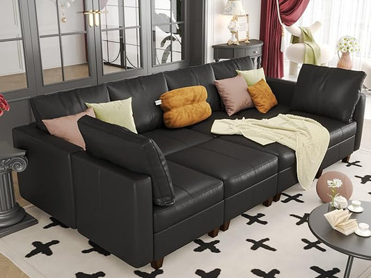 EASE MOOSE Faux Leather Sectional Couch with Storage,Black Sleeper Faux Leather Modualr Sofa Couch