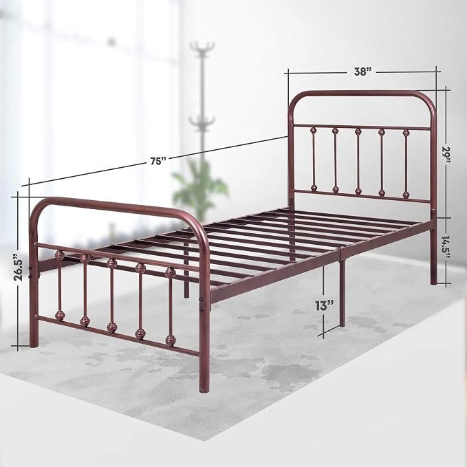 Golden Gate Beds Vintage Wrought Iron BedFrame with Classic Metal Platform Base, Headboard and Footboard, No Box Spring Needed, Easy Assembly, Mattress Base, Noise-Free, Sleek Brown Finish - Twin Size