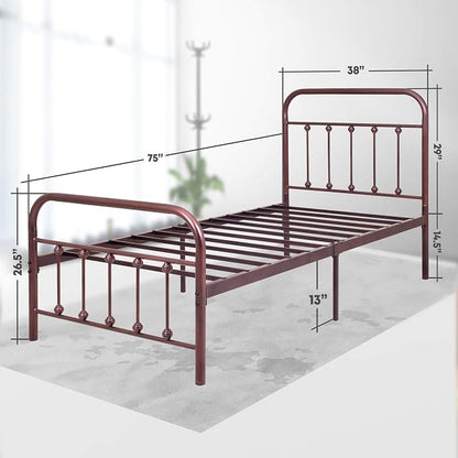 Golden Gate Beds Vintage Wrought Iron BedFrame with Classic Metal Platform Base, Headboard and Footboard, No Box Spring Needed, Easy Assembly, Mattress Base, Noise-Free, Sleek Brown Finish - Twin Size