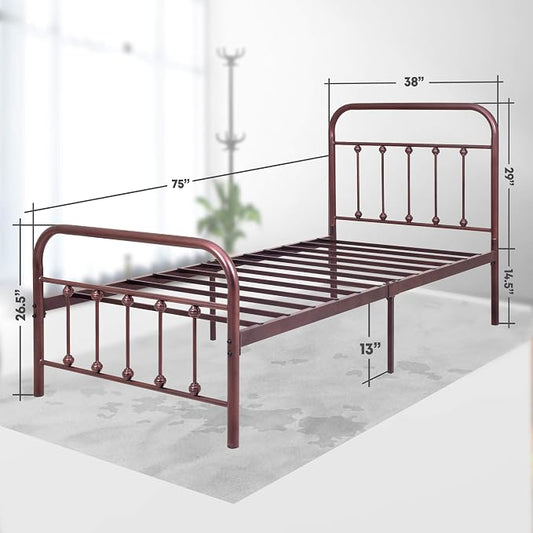 Golden Gate Beds Vintage Wrought Iron BedFrame with Classic Metal Platform Base, Headboard and Footboard, No Box Spring Needed, Easy Assembly, Mattress Base, Noise-Free, Sleek Brown Finish - Twin Size