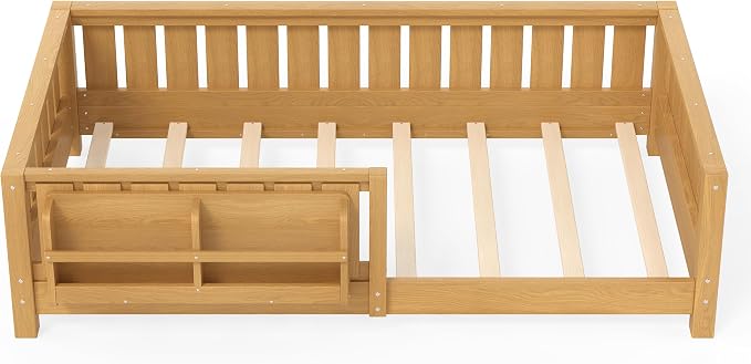 Bellemave Twin Floor Bed with Slats and Safety Guardrail, Twin Size Montessori Floor Bed with Fence and Built-in Bookshelf, Easy Assemble Montessori Beds for Kids, Girls, Boys, Light Natural