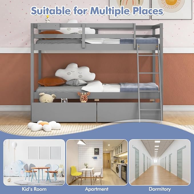 KOTEK Bunk Bed Twin Over Twin with 2 Storage Drawers, Solid Wood Bunk Bed Frame with Storage Cube, Guardrails, Ladder, No Box Spring Needed, Twin Bunk Beds for Kids Teens (Grey)