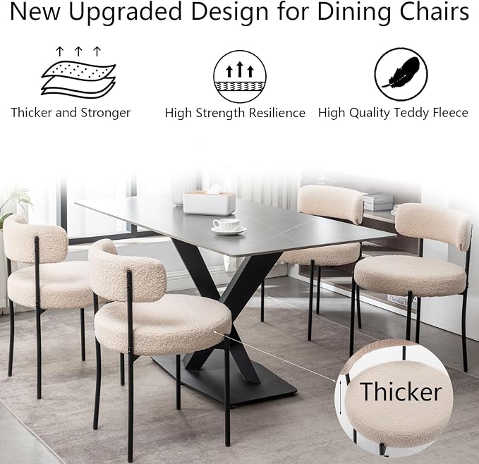 Cinxzar Boucle Dining Chairs Set of 4, Upholstered Dining Room Chairs with Black Metal Legs, Round Modern Dining Chair for Dining Room, Kitchen