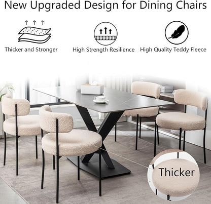 Cinxzar Boucle Dining Chairs Set of 2, Upholstered Dining Room Chairs with Black Metal Legs, Round Modern Dining Chair for Dining Room, Kitchen