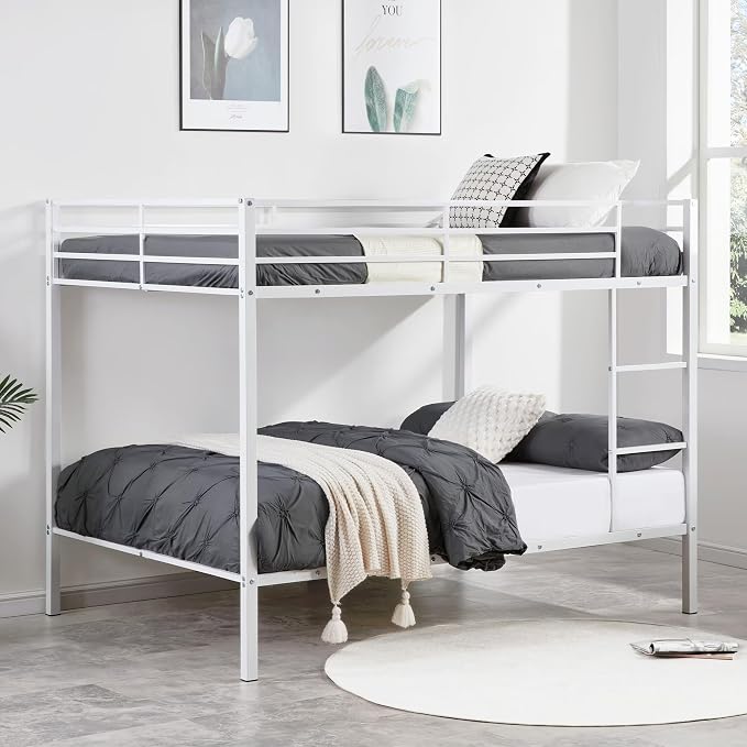 EMKK Metal Bunk Bed Full Over Full with Safety Guardrails,Bedframe,Bunk Beds for Dorm,Bedroom,Guest Room,Heavy Duty Metal Slats, Noise Free, No Box Spring Needed, White