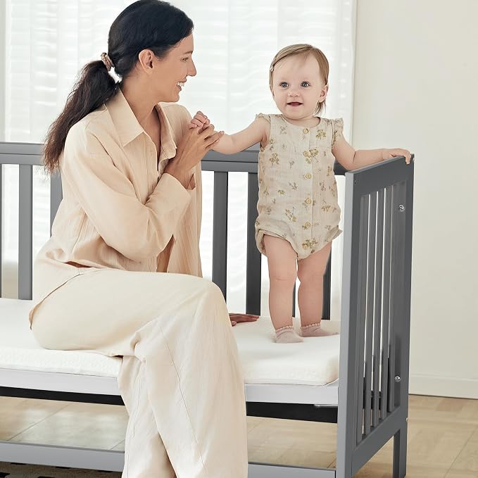MAMAZING EvoNest Baby Crib, 11 in 1 Convertible Crib with Wheels, 100% New Zealand Wood Growing Bed, Full Size Crib for Baby, 4 Adjustable Mattress Height, Grey