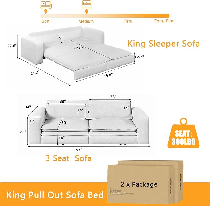 93" King Pull Out Sofa Bed, Boucle Sleeper Sofa Couch, Modern Wide Armrest, 3 in 1 Convertible Futon Couches for Living Room, Small Space, Apartment, Bedroom, Office, Beige