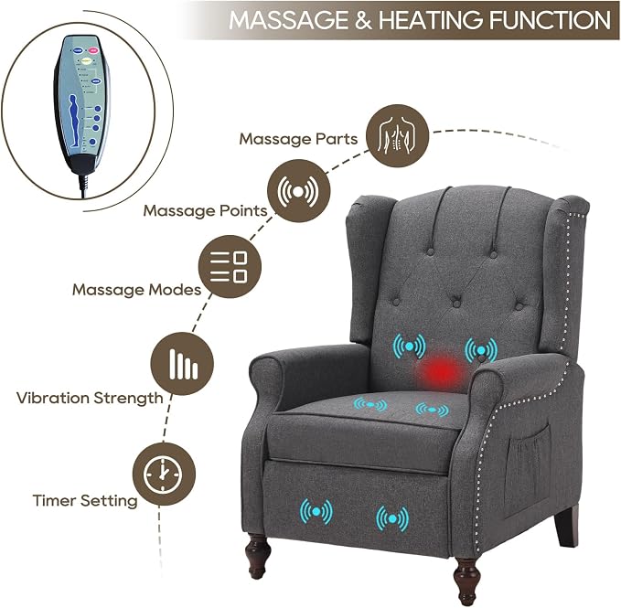 Wingback Recliner Chair with Massage and Heat Tufted Fabric Push Back Arm Chair, Recliner Chair for Living Room Bedroom Home Theater (2,Grey)