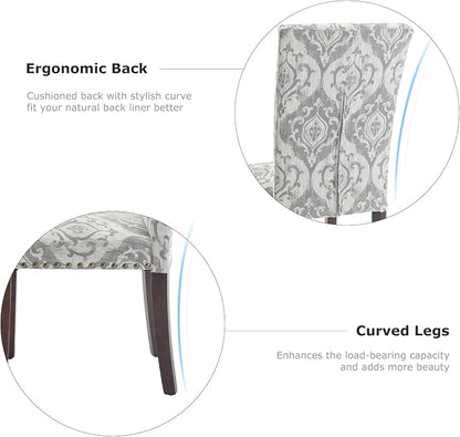 COLAMY Upholstered Parsons Dining Chairs Set of 2, Fabric Dining Room Kitchen Side Chair with Nailhead Trim and Wood Legs - Grey/White Flower
