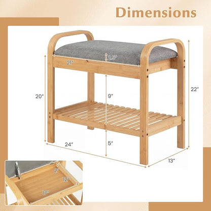 Giantex Small Entryway Bench with Storage, 2-Tier Bamboo Shoe Rack Bench with Flip Top Storage Space and Padded Cushion, Shoe Organizer for Entryway, Living Room, Hallway, Bedroom,Natural