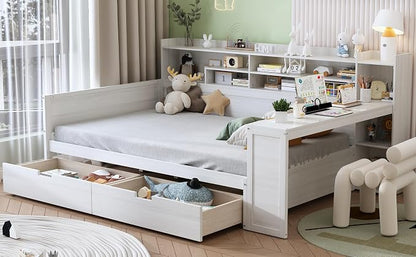 Merax Full Size Wood Daybed, Corner Bed Frame with Storage Shelves, 2 Drawers & Study Desk & Built-in Workspace, Multi-Functional Wooden Bed Space-Saving for Bedroom, Dorm, Guest Room, Antique White