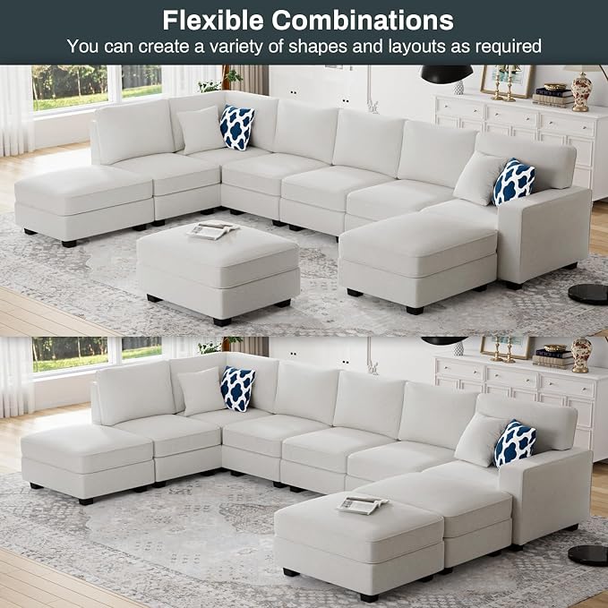 Legend Vansen Oversized Modular Sectional Sofa,U/L‑Shaped Reversible Couch with Ottoman,Deep Seat Plush Polyester Sofa for Living Room,9‑Seater,Cream