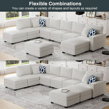 Legend Vansen Oversized Modular Sectional Sofa,U/L‑Shaped Reversible Couch with Ottoman,Deep Seat Plush Polyester Sofa for Living Room,9‑Seater,Cream