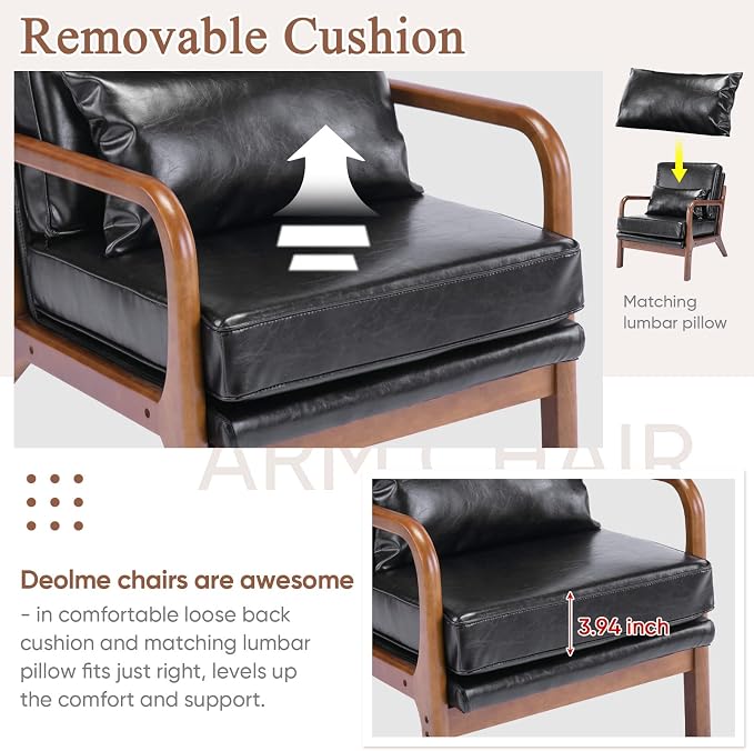 Deolme Mid Century Modern Accent Chair Living Room- Comfy Solid Wood Arm Chair with Lumber Pillow Lounge Decorative Black Leather Office Side Chair for Bedroom Reading Nook Sillas De Sala