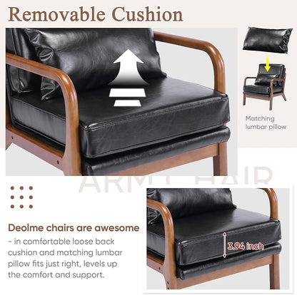 Deolme Mid Century Modern Accent Chair Living Room- Comfy Solid Wood Arm Chair with Lumber Pillow Lounge Decorative Black Leather Office Side Chair for Bedroom Reading Nook Sillas De Sala
