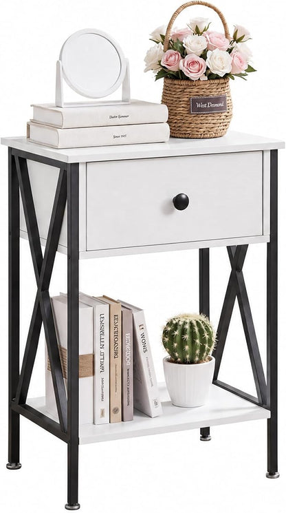 VECELO Nightstand,Modern Bedside End Table, Night Stand with Drawer and Storage Shelf for Living Room Bedroom, Industrial Metal Frame