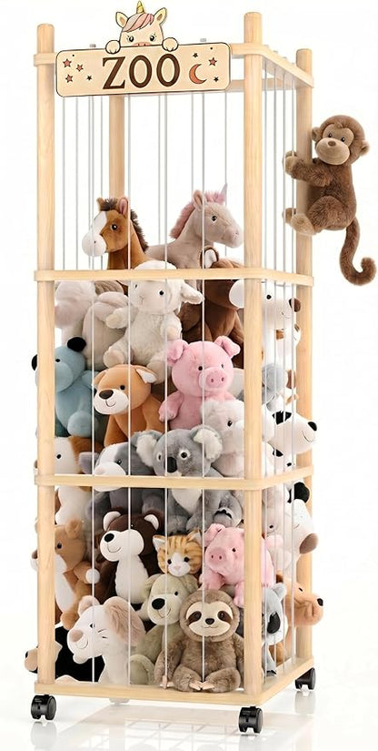 Stuffed Animal Storage Zoo Tower,56In Wooden Large Stuffed Animal Holder Organizer with Wheels,Stuffy Plushies Storage with Elastic Band&Mesh Bottom,Toy Storage Organizers for Playroom Bedroom Nursery