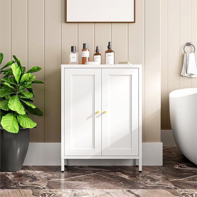 Metal Bathroom Cabinet, Small Floor Storage Cabinet, Freestanding Sideboard with 2 Adjustable Shelves for Living Room, Dining Room (White, 31.5" H-2 Doors)