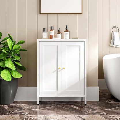 Metal Bathroom Cabinet, Small Floor Storage Cabinet, Freestanding Sideboard with 2 Adjustable Shelves for Living Room, Dining Room (White, 31.5" H-2 Doors)