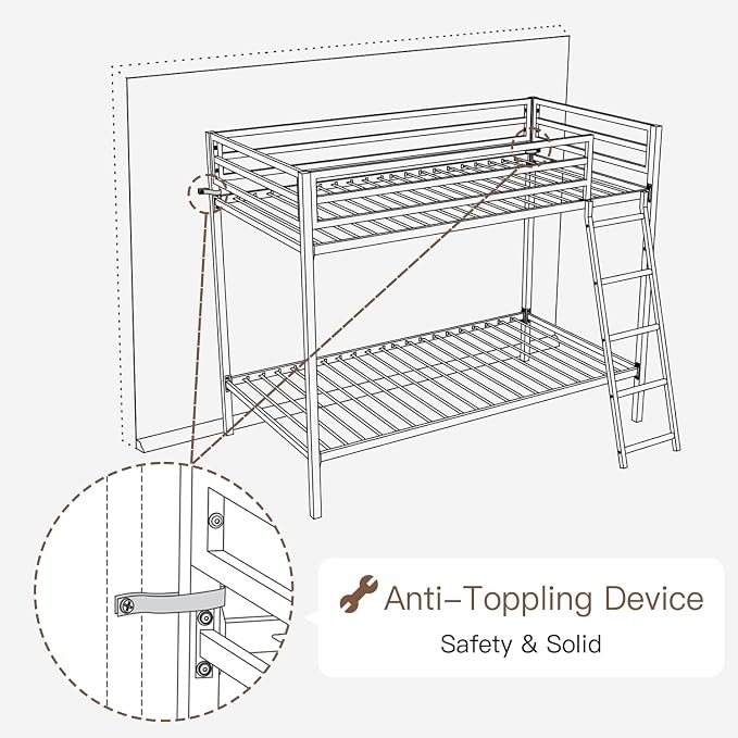 ikalido Metal Loft Bunk Bed Twin Over Twin Size with Ladder, Matte Black | Safety Guardrail,No Box Spring Needed, Space Saving Bedroom Furniture
