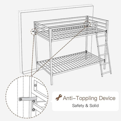 ikalido Metal Loft Bunk Bed Twin Over Twin Size with Ladder, Matte Black | Safety Guardrail,No Box Spring Needed, Space Saving Bedroom Furniture