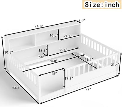 Bellemave Full Size Montessori Floor Bed with Bookcase, Full Size Floor Bed with Rails and Storage Shelves, Easy Assemble Montessori Beds Frame for Girls, Boys, White