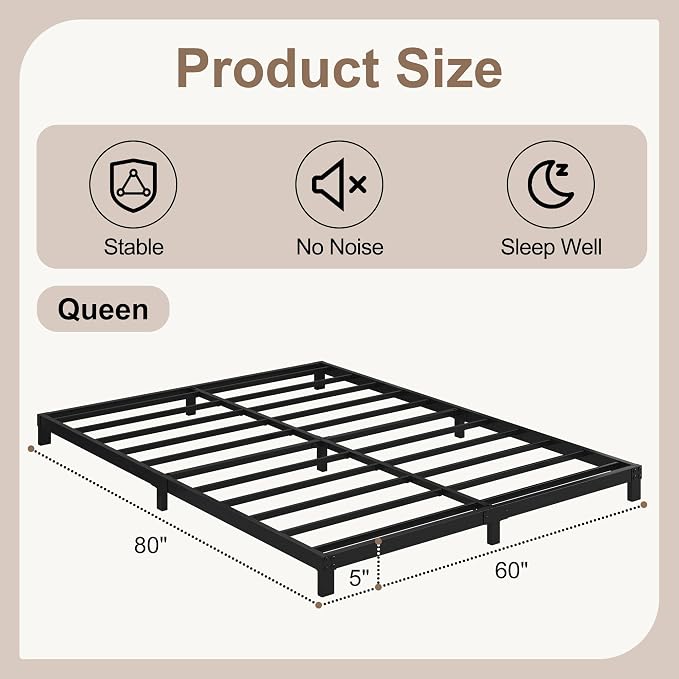 Cieemine 5 Inch Low Queen Bed Frame, Heavy Duty Bed Frame Queen Size Low Profile, No Box Spring Needed, Easy Assembly, Noise Free, Black