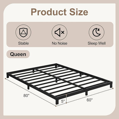 Cieemine 5 Inch Low Queen Bed Frame, Heavy Duty Bed Frame Queen Size Low Profile, No Box Spring Needed, Easy Assembly, Noise Free, Black