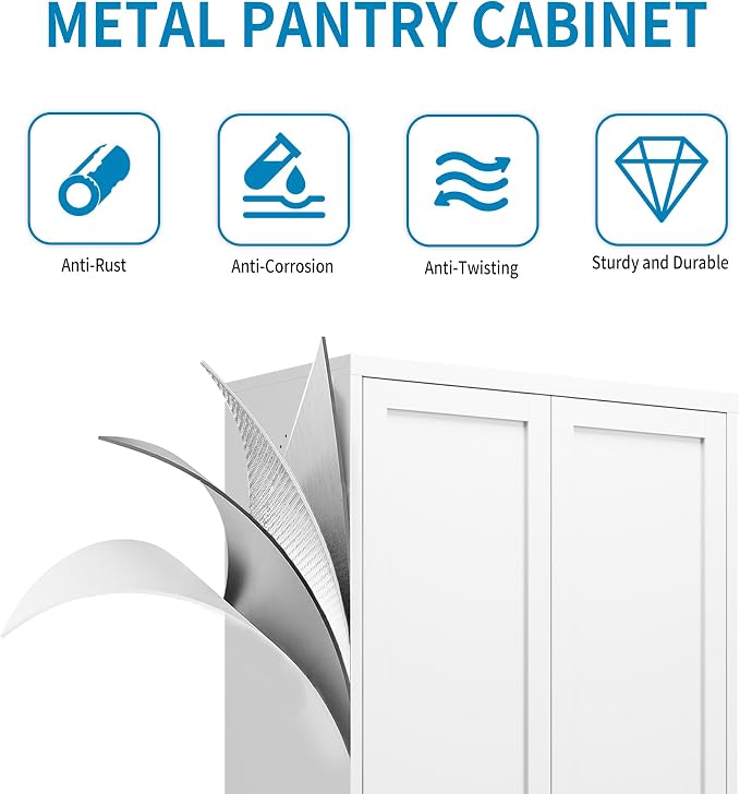 61" H White Metal Kicthen Pantry Storage Cabinet 5-Tier Cupboard | Pantry with 2 Doors & 4 Adjustable Shelves, Tall Metal Locker for Kitchen, Living Room, Garage, Assembly Require
