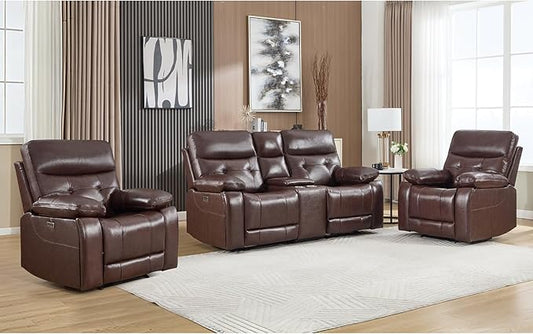 CANMOV Genuine Leather Power Recliner Sofa Set, Two Power Recliner Chair and Loveseat Set, 3 Pieces Leather Couch with Storage Console, USB Ports, Cup Holders for Living Room,Dark Brown