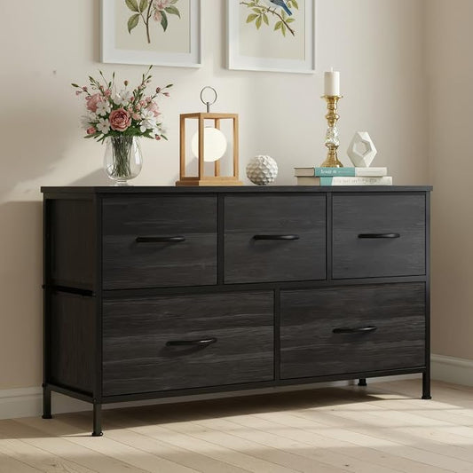 OLIXIS 5 Drawer Dresser for Bedroom, Storage Organizer Unit for Closet | Chest of Drawers for Clothes Storage with Bins, Wide Fabric Bedroom Dresser, Wooden Top, Living Room, Black Wood