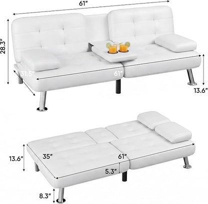 Flamaker Futon Sofa Bed Modern Folding Futon Set PU Leather Convertible Recliner Lounge for Living Room with 2 Cup Holders, Removable Armrests (PU Leather, White)