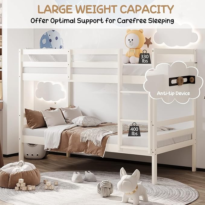 NAFORT Bunk Bed Twin Over Twin, Solid Wood Bunk Bed with Ladder and Safety Rails, Wooden Bed Frame for Kids Teens or Guests, Space-Saving Furniture for Bedroom Dorm, White