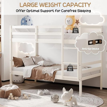 NAFORT Bunk Bed Twin Over Twin, Solid Wood Bunk Bed with Ladder and Safety Rails, Wooden Bed Frame for Kids Teens or Guests, Space-Saving Furniture for Bedroom Dorm, White